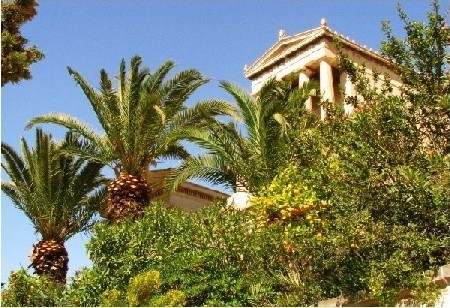 Fantastyczny kolor nieba nad Atenami tak dobrze komponuje się z soczystą zielenią palm i bielą grobowców na Pierwszym Cmentarzu Ateńskim (Cmentarz Alfa) 